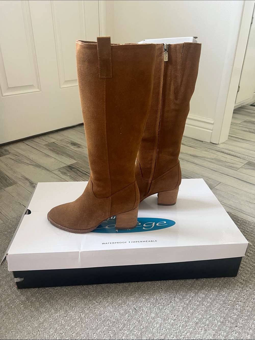 Classic Cognac Suede Mid-Calf Block Heel Boots
